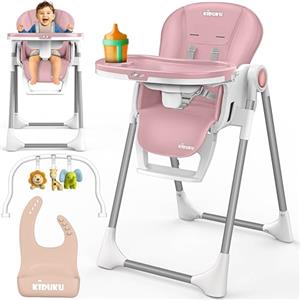 KIDUKU® Seggiolone Pappa Neonato 3 in 1 con Riduttore & Bavaglino | Seggiolone Pieghevole per Bebè e Bambini con Arco Giochi | Sedia Evolutiva Regolabile 7 Livelli | Crescita 0-36 Mesi (Rosa)