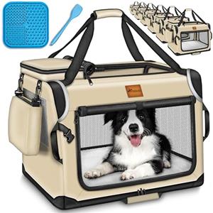 TRESKO® Box per cani pieghevole, con tappetino per mangiare e spatola, trasportino robusto per cani e gatti di piccola e grande taglia, M (61 x 42 x 42 cm), beige