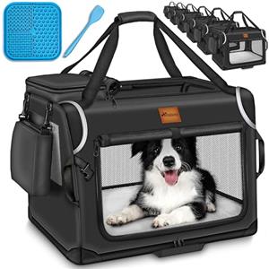 TRESKO® Box per cani pieghevole, con tappetino per mangiare e spatola, trasportino robusto per cani e gatti di piccola e grande taglia, M (61 x 42 x 42 cm), nero