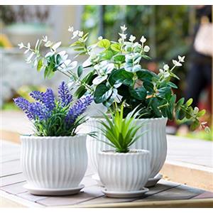 Nattol Set di 3 vasi da fiori in ceramica con sottovaso, moderni vasi rotondi in ceramica per piante grasse con texture a strisce bianche, di piccole e medie dimensioni,