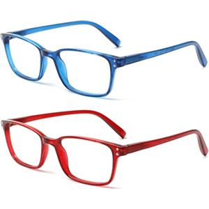 COJWIS Occhiali da lettura, confezione da 2 pezzi, occhiali luce blu, chiusura a molla, anti-vertigini, da donna e da uomo, leggeri (1 Rosso 1 Blu, 0.75, X)