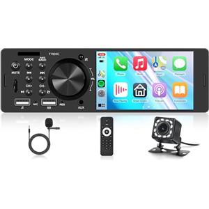 Rimoody Carplay Autoradio 1 Din con Android Auto 4 Pollici Touchscreen 1 Din Autoradio con Pomello con Mirror Link FM/RDS EQ Bluetooth USB/TF Comandi al Volante 12LED Telecamera Posteriore
