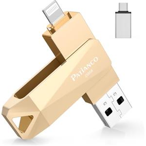 Patianco Chiavetta USB per iPhone, [MFi Certified] Patianco Pendrive per Lightning 256GB USB 3.0 Chiave USB C Memoria Stick 3 in 1 Backup Rapido con un Clic per OTG Android/Mac/PC/TypeC-iPhone/iPad(256G,Oro)