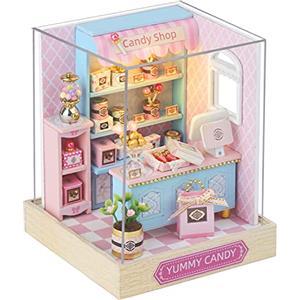 CUTEROOM Miniatura casa delle Bambole con mobili,Fai da Te in Miniatura Casa delle Bambole Kit,Mini 3D Casa in Legno con Luci A LED - Regalo di Compleanno di Natale (Candy)