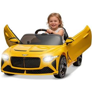 RBFGYIOP Auto Macchina Elettrica Per Bambini Bentley‌, Telecomando Parentale o Guida Da Bambini, Portiere a Forbice, Sospensioni, 3 Velocità, Luci LED, Clacson, Ideale 3-8 Anni, Fino a 30kg (Giallo)