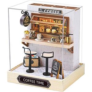 CUTEROOM Miniatura casa delle Bambole con mobili,Fai da Te in Miniatura Casa delle Bambole Kit,Mini 3D Casa in Legno con Luci A LED - Regalo di Compleanno di Natale (Coffee)