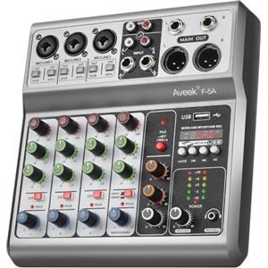 Aveek Audio Mixer, Console di Mixaggio con Scheda Audio Digitale a 5 Canali USB Bluetooth effetto ritardo, ingresso 48 V Phantom Power Stereo DJ Mixer per registrazione, streaming live e podcasting