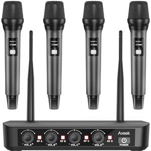 Aveek Sistema di microfoni wireless Aveek con 4 microfoni dinamici portatili, portata lunga di 80 m, batteria da 40 ore, suono da studio a bassa latenza per karaoke, canto, discorsi, chiesa, palcoscenico