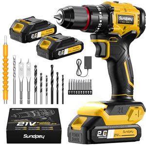Sundpey 21V Trapano Avvitatore a Batteria - Max 70Nm Brushless Trapano a Percussione con 2 Batterie 2.0Ah, 23+3 Coppie, Mandrino 10mm, Luce LED, 2 Velocità Avvitatore Elettrico per Fai da te