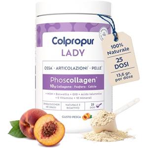 Colpropur Collagene Idrolizzato in Polvere, Tipo 1, 2, 3 - Gusto Pesca - 25 Dosi | Colpropur Lady - Collagene da Bere di Origine Bovina - Con Vitamina C e Magnesio - Per Capelli, Unghie e Denti - 340g