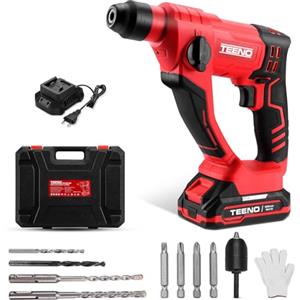 TEENO Martello perforatore senza fili SDS-Plus 20V, Φ14MM in calcestruzzo, 1000 giri/min,Lampada da lavoro a LED con 1 batteria 2.0Ah e 1 caricatore