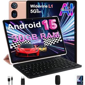 DMOAO Tablet 10 Pollici Android 15 con 30 GB RAM + 2TB ROM Espansione, FHD Tablet con Tastiera e Mouse, 5G Wi-Fi, GPS, Widevine L1, Octa-Core, USB-C, BT 5.0, 6000 mAh, 8MP+5MP, Gemini AI, Oro