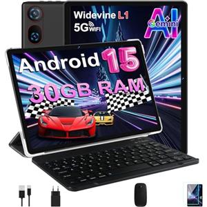 DMOAO Tablet 10 Pollici Android 15 con 30 GB RAM + 2TB ROM Espansione, FHD Tablet con Tastiera e Mouse, 5G Wi-Fi, GPS, Widevine L1, Octa-Core, USB-C, BT 5.0, 6000 mAh, 8MP+5MP, Gemini AI, Nero