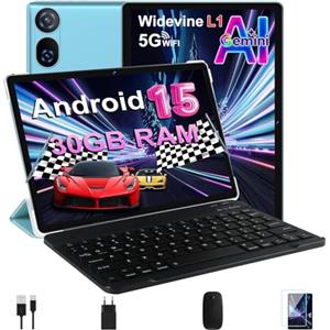 DMOAO Tablet 10 Pollici Android 15 con 30 GB RAM + 2TB ROM Espansione, FHD Tablet con Tastiera e Mouse, 5G Wi-Fi, GPS, Widevine L1, Octa-Core, USB-C, BT 5.0, 6000 mAh, 8MP+5MP, Gemini AI, Blu