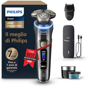 Philips Shaver i9000 Prestige Ultra, rasoio elettrico Wet & Dry, tecnologia Skin IQ Pro, triplo sistema di sollevamento e taglio, lame di precisione NanoTech 360º, 5 modalità di rasatura, XP9402/46