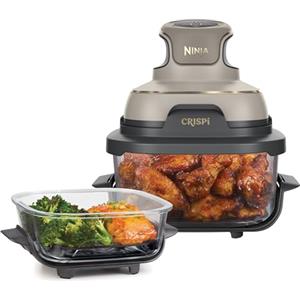 Ninja CRISPi Friggitrice ad Aria Portatile, 3.8L, 4 in 1: Frittura, Cottura Arrosto, Mantiene Cibo Caldo e Croccante, Compatta, 2 Contenitori Vetro Rimovibili, 1700W, Pietra Oro FN101EUSTGD
