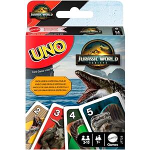 Mattel Games UNO Jurassic World La Rinascita gioco di carte per bambini, adulti e serate in famiglia, mazzo con regole speciali e immagini ispirate al film, JFT28