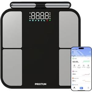 PRIXTON Bilancia da bagno Intelligente BC400 Body Metric con Bioimpedenza, 56 Misure Corporee, App multiutente (fino a 200), Elettrodi estensibili, 180 kg, IMC, Grasso e Massa Muscolare