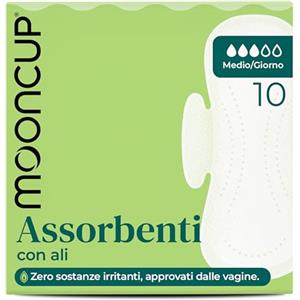Mooncup® Assorbenti per flusso medio/giorno con ali, cotone biologico ultra morbido, 10 assorbenti