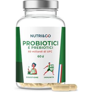 NUTRI & CO Probiotici Prebiotici - 60 Miliardi di UFC - 9 Ceppi Batterici Bioattivi - Fermenti Lattici per la Flora Intestinale - 60 Capsule Gastroresistenti Vegan - Integratore Alimentare Probiotico