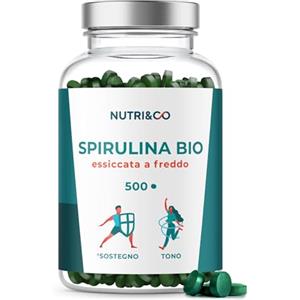NUTRI & CO Spirulina Biologica - 500 Compresse Bio da 500 mg Pure Senza Eccipienti - 15% di Ficocianina - Polvere Essiccata e Compressa a Freddo - Analizzata e Confezionata in Francia