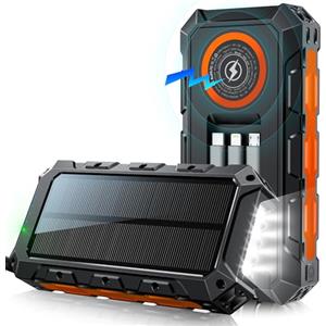 Kruilan 52800 mAh Wireless Solar PowerBank con funzione di ricarica wireless, impermeabile, fornito con 5 uscite, 3 ingressi, torcia, moschettone, Qc 30 W e USB C Pd 20 W per telefoni cellulari e tablet (Red)