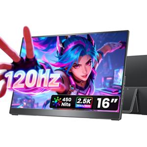 cocopar Secondo Schermo 16 Pollice 2,5K QHD 120Hz 85% sRGB Monitor Portatile per Laptop MacBook Surface PC Xbox PS5, Monitor da Viaggio con Altoparlanti HDMI USB-C, Supporto VESA con Kickstand