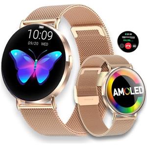 LUNIQUESHOP Smartwatch Donna Chiamate Bluetooth, 1.19" HD Smart Watch ROUND Orologio con Cardiofrequenzimetro SpO2 Sonno Fisiologia Femminile IP68 Messaggi 100 modalità Sportive iOS Android Oro Rosa
