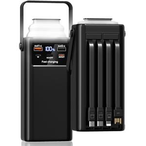 Kruilan 60000mAh Power Bank 35W Ricarica Rapida, Powerbank con 2 Cavi Integrati, Display Digitale, 7 Uscite, Torcia LED, Caricabatterie Portatile per Cellulare, Tablet, Viaggi ed Emergenze (Black)