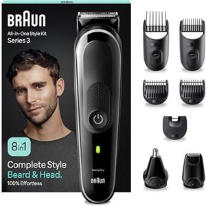 Braun REGOLABARBA STYLING KIT, Tagliacapelli Uomo, Rasoio Elettrico Barba e Capelli, 8-In-1 per Barba, Capelli, Naso e Orecchie, 80 Minuti Di Utilizzo Senza Fili, MGK3440