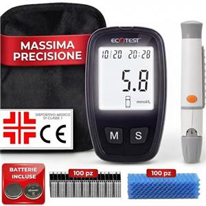 Medicinadellavoro.com Misuratore Glicemia Glucometro, 100 Strisce Reattive e 100 Lancette, per Diabete Tipo 1&2 e Gestazionale, con Astuccio in Omaggio (Glucometro + 100 Strisce + 100 Lancette)