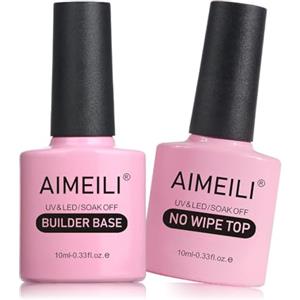 AIMEILI 7 in 1 Clear Builder Base Gel Unghie e No Wipe Top Coat Smalto Semipermente in Gel UV LED Soak Off - Facile da Usare & Comodo, 2x10ml