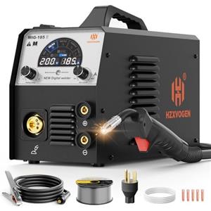 H HZXVOGEN 185A Saldatrice MIG 4 in 1, Attrezzatura di Saldatura Sinergica con Gas/Senza Gas/TIG Lift/Elettrodo, 230V IGBT Inverter, Ampio Schermo LCD - Ideale per Principianti e Professionisti