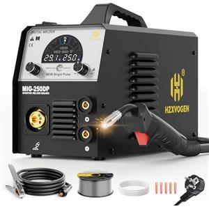 H HZXVOGEN MIG250DP 250A saldatrice in alluminio 230 V, 5 in 1 Gas/Flux Core MIG, Lift TIG, Pulse, MMA/Stick Saldatrice con Synergic Control per professionisti e fai da te