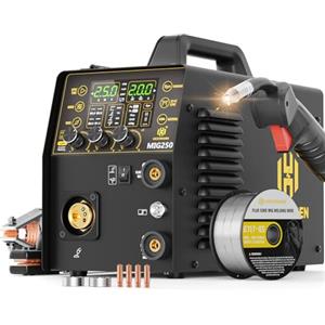 H HZXVOGEN Saldatore MIG in alluminio, 250A 5 in 1 Gas/Flux Core Gasless MIG/Lift TIG/Stick/Spot/Spool Gun Welder Machine, 110/220V Controllo Sinergico con Display Digitale LED, Regolazione Burn Back