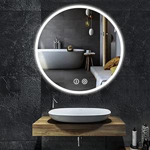 YOLEO Specchio da bagno rotondo con illuminazione, specchio rotondo da 60 cm con illuminazione, specchio da parete con interruttore touch e vetro antiesplosione, 3 colori di luce dimmerabili, 6500 K