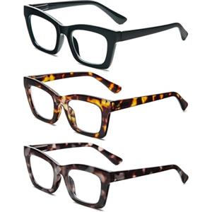 MMOWW 3 Pacco Occhiali da Lettura Donna Rettangolari - Oversize Square Frame Anti Luce Blu Occhiali +1.0