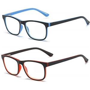 MMOWW Confezione da 2 Occhiali da Lettura Donna Uomo, Anti Luce Blu Rettangolari Occhiali con Cerniere a Molla (Rosso + Blu, +2.5)