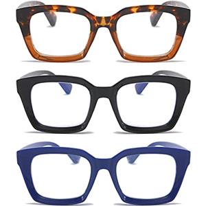 MMOWW Confezione da 3 Occhiali da Lettura Rettangolari: Oversized Square Frame Anti Luce Blu Occhiali donna uomo (Nero+Blu+Tartaruga, 0.0, diopters)