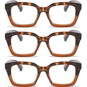 MMOWW Confezione da 3 Occhiali da Lettura Rettangolari - Oversized Square Frame Anti Luce Blu Occhiali donna uomo (Tartaruga, 2.5)