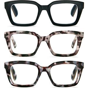MMOWW Confezione da 3 Occhiali da Lettura Rettangolari - Oversized Square Frame Anti Luce Blu Occhiali donna uomo (Nero+tartaruga blu+tartaruga grigia, +1.5)
