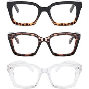 MMOWW Confezione da 3 Occhiali da Lettura Rettangolari - Oversized Square Frame Anti Luce Blu Occhiali donna uomo (Trasparente+tartaruga/nera+tartaruga, +1.25)