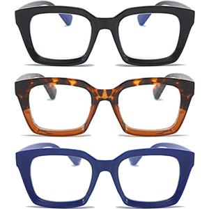 KoKoBin 3 confezioni di occhiali da lettura da donna con montatura quadrata e Anti Luce Blu, oversize occhiali da computer (Nero/leopardata/Blu, 2.5, x)