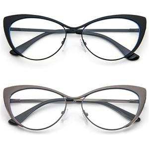 KoKoBin Occhiali da lettura a occhi di gatto - Confezione Da 2 occhiali con montatura in metallo e cerniera a molla con custodia in pelle per uomini e donne (2 confezioni (nero grigio), 1)