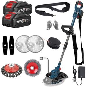YUIOIBUC Decespugliatore a batteria a 2 batterie, tagliaerba a batteria e spazzola per erbacce, 4 in 1, testa girevole a 90°, per giardino (blau)
