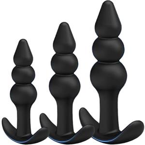 Future of your pleasure Sensual Fops Set di 3 Plug Anali Neri - Design Triple Ball per Stretching Anale Progressivo, Silicone Medico Premium, Base Piatta Ergonomica per Lungo Utilizzo, Taglie S-M-L A144
