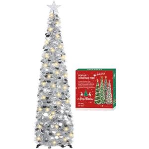 HMASYO Albero di Natale Artificiale a Paillettes Argento 150cm con Luci Integrate e Timer, Montaggio Istantaneo, Pieghevole - Decorazione per Interni Casa, Appartamento, Veranda, Feste