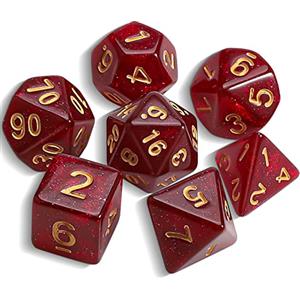 QMAY DND Dice Polyhedral Dice Set - 7 pezzi per Dungeon and Dragons MTG RPG D&D D20, D12, D10, D%, D8, D6, D4 (rosso + glitter)