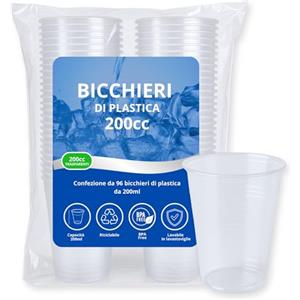 DOROKASA Bicchieri Plastica Trasparenti Monouso (200 ml) | 96 Pezzi Usa e Getta o Riutilizzabili fino a 50 Lavaggi | Lavastoviglie | Senza BPA | Impilabili | Acqua Cocktail Birra Feste Buffet Ufficio Catering