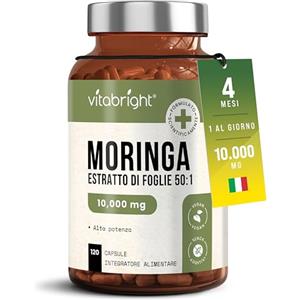 VitaBright Capsule di Moringa Pura | Alto Dosaggio 10.000 mg | 4 Mesi - 1 al Giorno | Senza Additivi | Capsule di Superalimento Vegano in Polvere | Estratto Puro di Foglia di Moringa | VitaBright